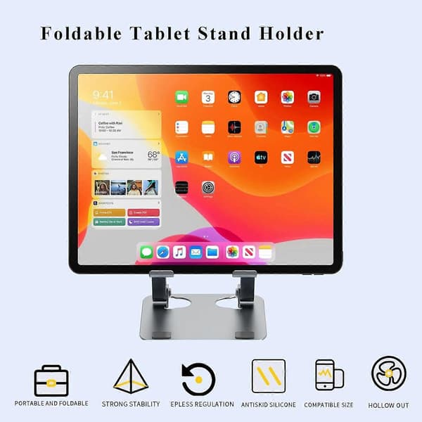 Tablet Holder Aluminum, Dual Rod Support Adjustable Foldable Tablet Stand Holder for Desk Compatible with Mobile Phone or Tablet