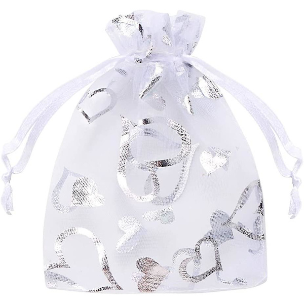 Pienet organza-pussit nauhalla - 100 kpl, hopeiset sydänkuviot - Ihanteellinen juhliin, häihin ja lahjoihin - 9x12cm, valkoinen
