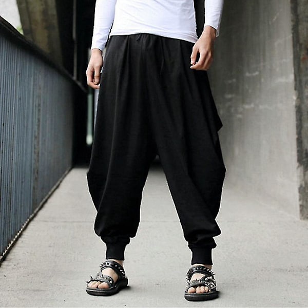 Plain Elastic Waist Harem Pants for Men L Black