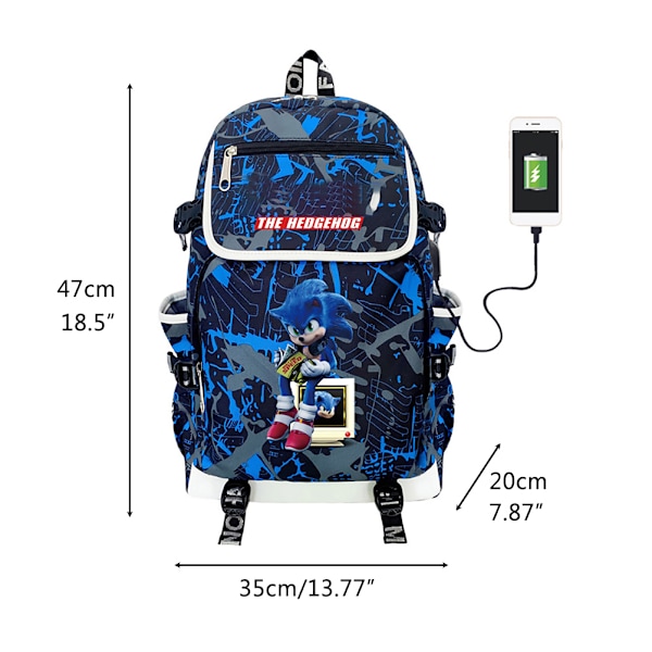 Anime-spillryggsekk, tegneserie-skolesekk, reisesekker, skoleboksekk, studentsekk med USB-ladeport