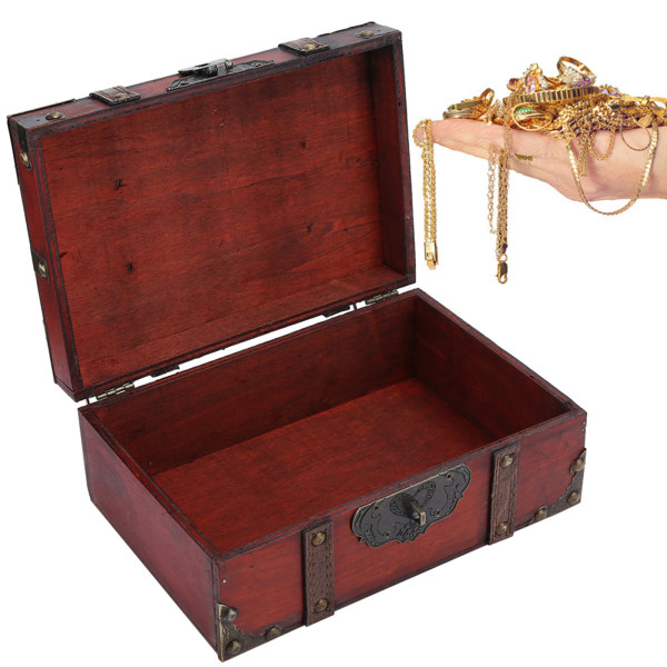 Vintage trä förvaringslåda dekorativ skatt smycken kista med lås heminredning (Rouge Verrou) red