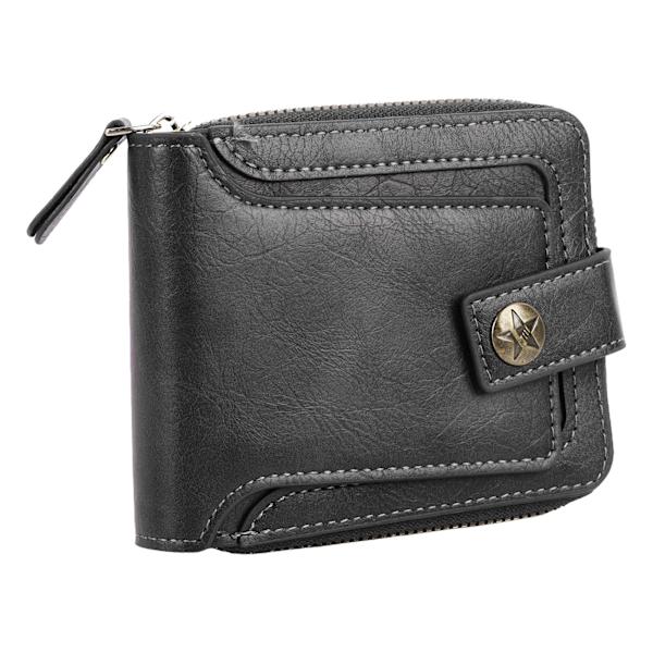Herr Plånbok Trifold Plånbok PU Läder Retro Dragkedja Spänne Flera Fack Stor Kapacitet Bärbar Plånbok för Resor Svart