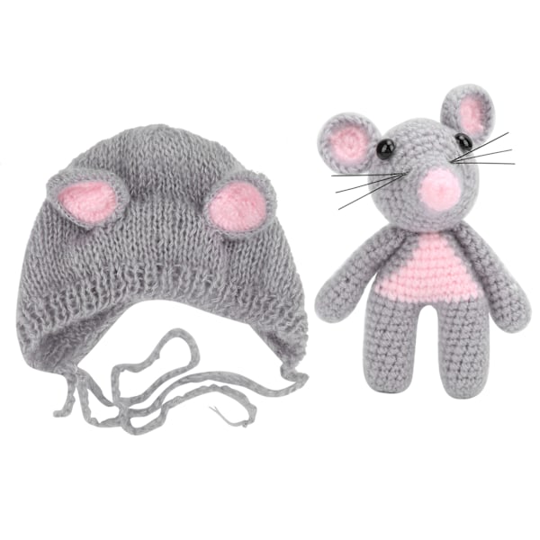 Infant Costume Knitted Sets Baby Photo Shoot Outfits Newborn Baby Mouse Hat with Mouse DollLight Grey