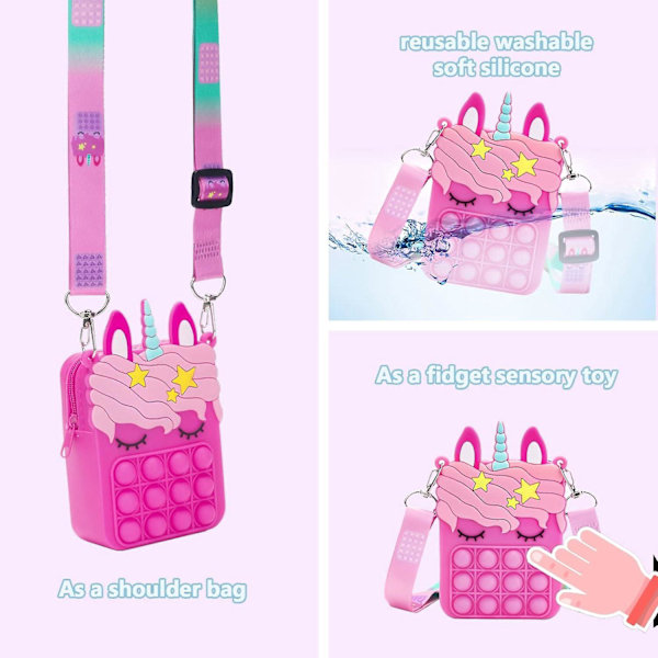 Animert skulderveske, liten enhjørning veske, silikon messenger bag, egnet for små jenter, justerbar skulderstropp, rosa-rød enhjørning