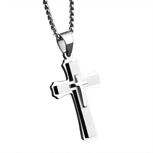Cross Pendant Hvid Stål 3 Layer Crucifix Cross Halskæde til mænd Tøj matchende stålfarve