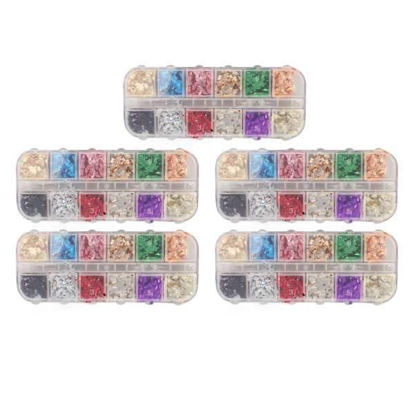 5 bokser 12 farger Nail Foil Flakes Paljettsett Glitter Nail Art Tabletter DIY Manikyr dekorasjon