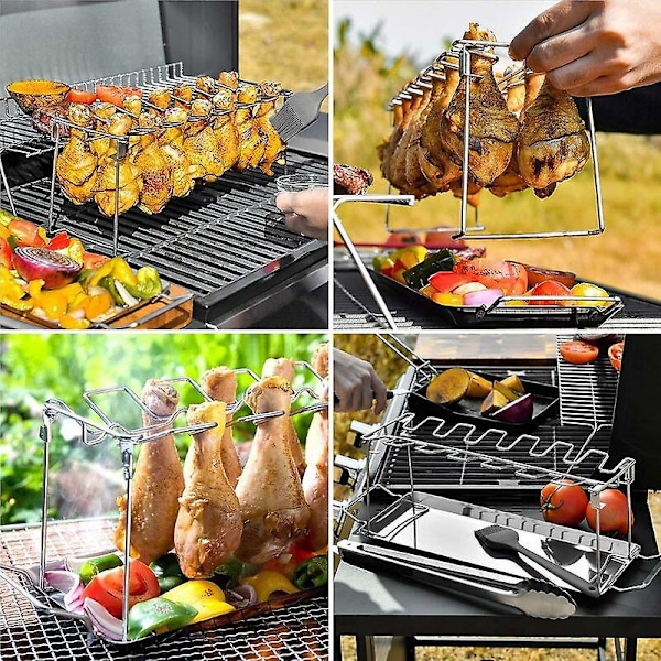Hopfällbart grillställ för kycklingben i rostfritt stål med plats för 14 kycklingben eller vingar i ugnen eller på grillen (36 cm)