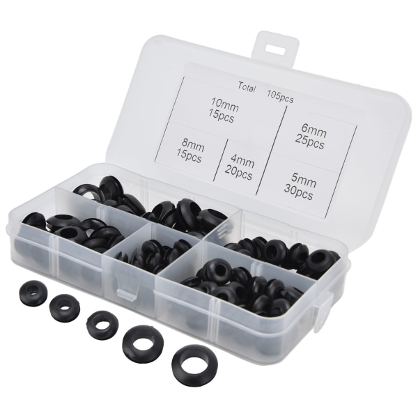 105st Grommet sortimentssats Gummi Elektriska packningsringar Ledningar VVS Skyddsspole