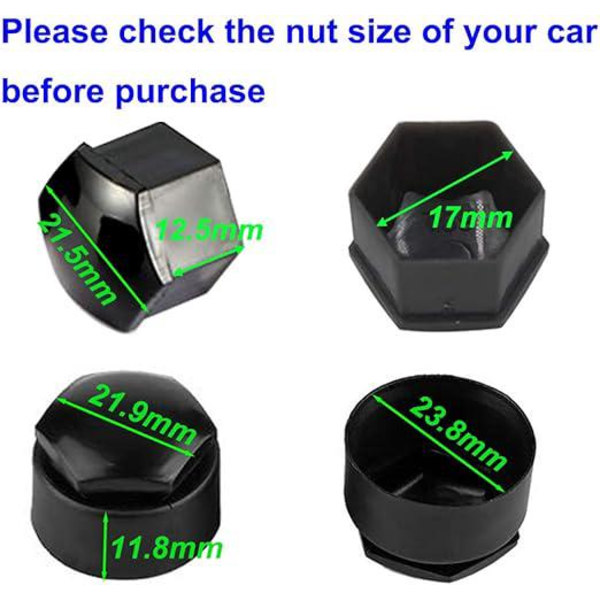 20 stk 17 mm høykvalitets boltmutterdeksler (4 stk låsehette + 16 stk normal hette), sekskantede beskyttelseshetter med hjulmutter, med fjerningsverktøy (svart)