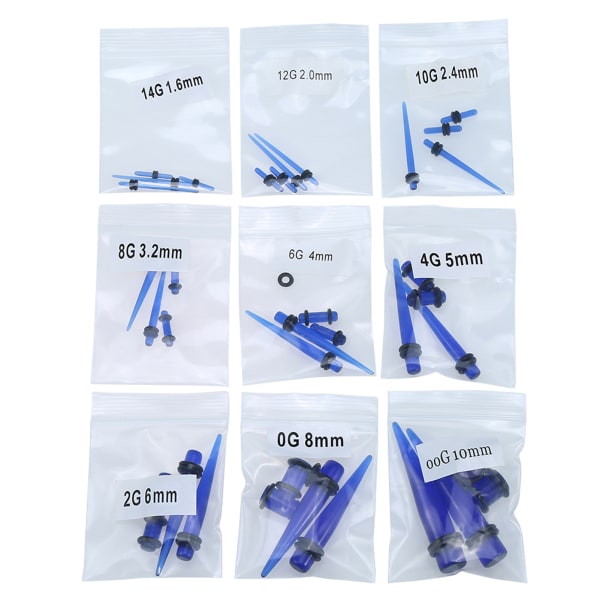 36 stk Akryl Øre Plugger Taper Expander O-Ring Stretching Kit Transparent Blå