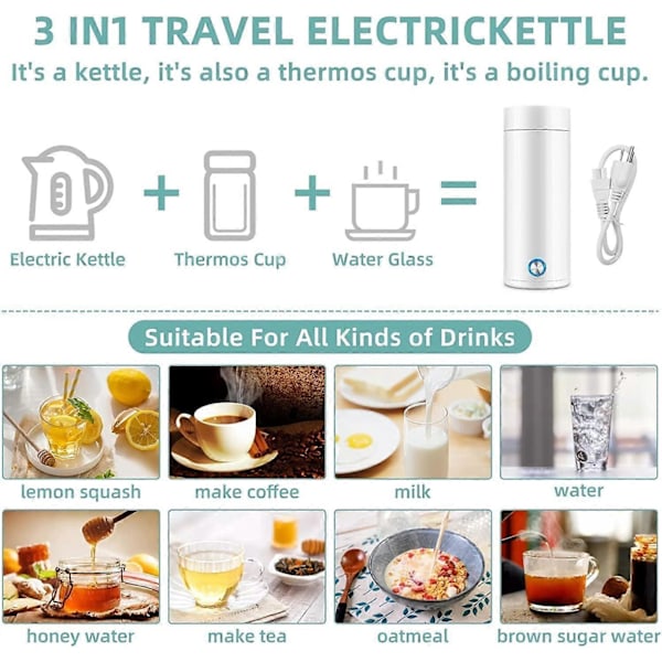 Reseportabel Vattenkokare, 3-i-1 Mini Elektrisk Vattenkokare, Automatisk Avstängning Rese-tekokare (Vit)