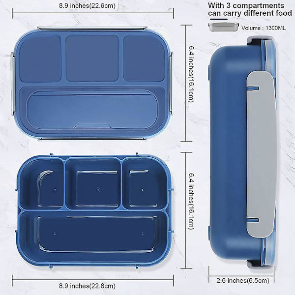 Bento-lounasrasia 4 osastolla - 1300ml, tarvikkeet mukana, sininen