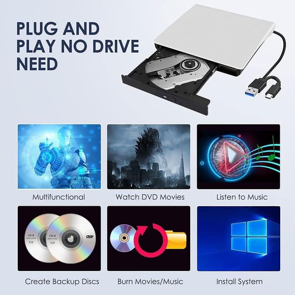 Eksternt USB 3.0 DVD-drev til bærbar pc, kompatibelt med CD og Type C, bærbart optisk drev.