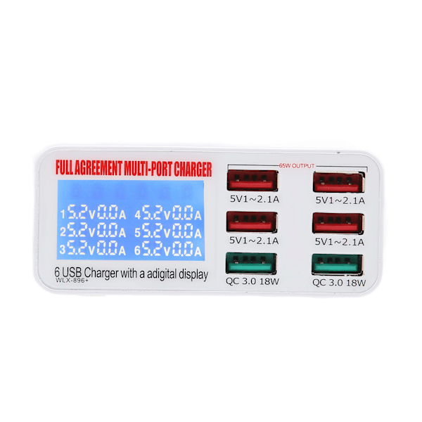 QC3.0 Flere USB Vægoplader 6 Muti Port USB Adapter Strømstik Hurtig Opladning Blok Cube med LED Display 100‑240VUS Stik