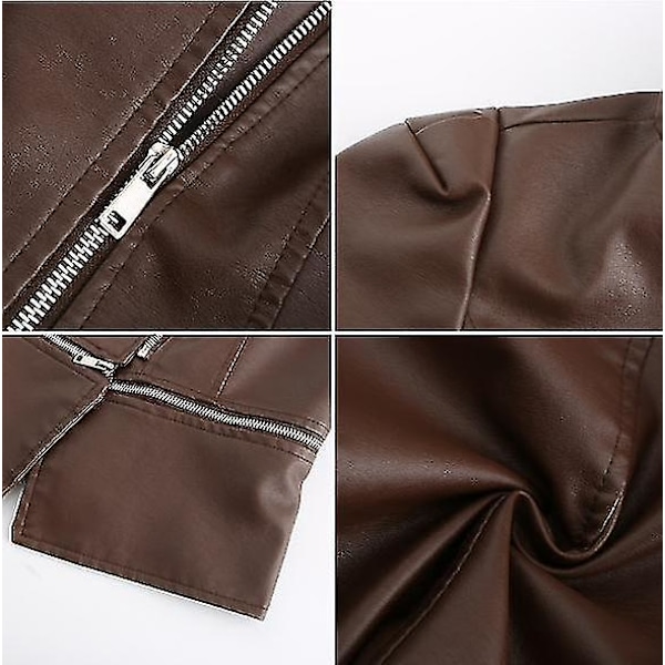 Läder Dam Casual Dragkedja Jacka | Avtagbar Fåll | 5 Färger | XXXL | Kaffe