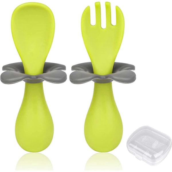 Babyskje og Gaffel, 2 stk. Ergonomisk Bestikk Baby Ergonomisk Læringsbestikk som Forenkler Selv-Mating Grønn)