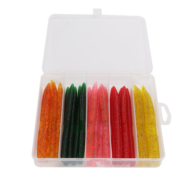 50 stk/boks Noodle Worm Soft Bait fiskeutstyrsett med gummi O-ring kunstig Soft Bait
