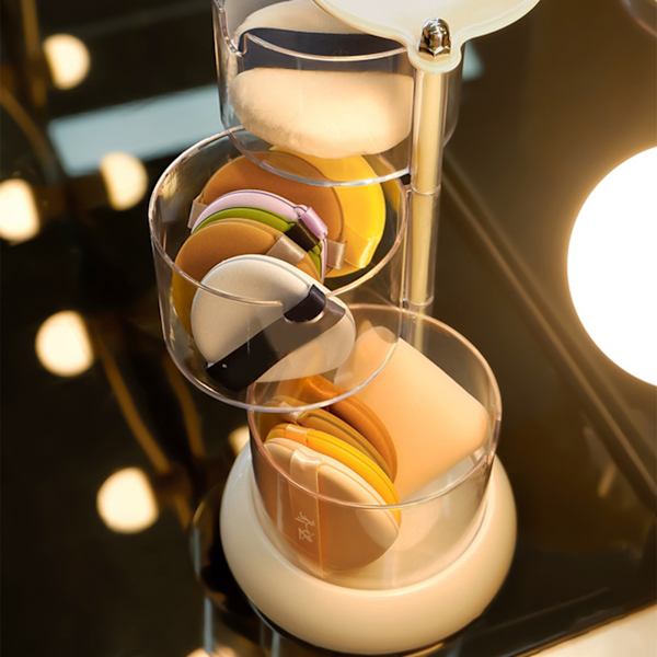 Multi Layer Pudder Puff Organizer Åndbar Støvsikker Øreringe Hvid Roterbar Beholder til Hjem 3 Lag