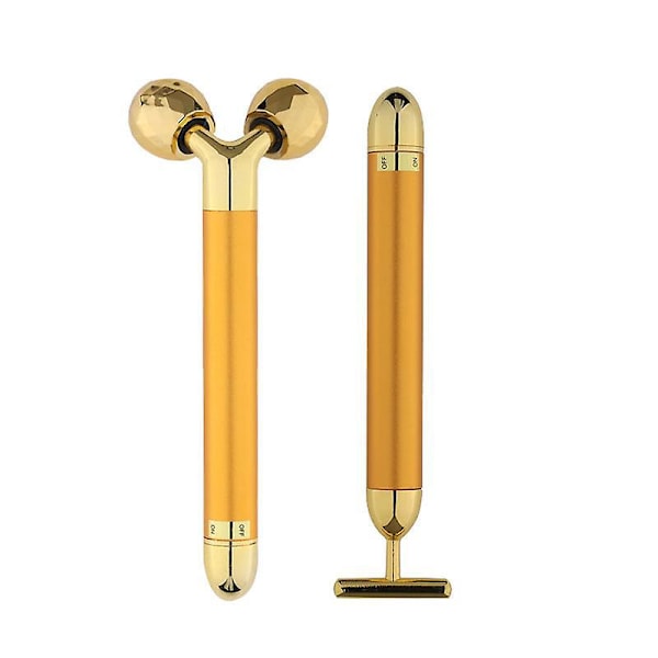 Elektrisk 24k Guld Ansigtsmassage Roller - 2-i-1 Ansigtsmassage Sæt med 3D Roller og T-Formet Roller - Hudplejeværktøj til Arme, Øjne og Næse