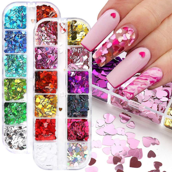 24 färger holografiskt hjärta Nail Glitter Paljetter Set - 3D Laser Hjärtform Dekaler, Ultratunna Flakes - Nail Art Tillbehör