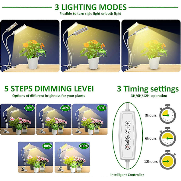 Plante Lampe, Plantevækstlampe 100 LED Lys 5 Niveauer Justerbar Fuld Spektrum Vækstlys med Auto Timer/3H/6H/12H