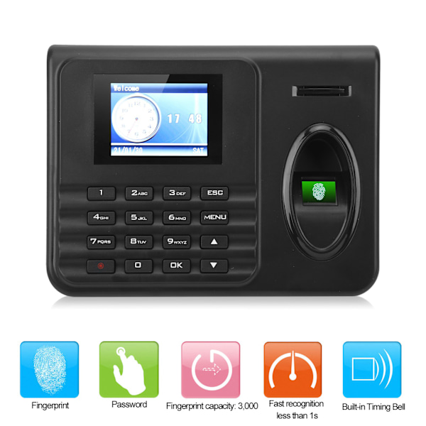 Attendance Machine Time Clock 2,4-tums färgskärm Biometri Fingeravtryck Lösenord Checka in ut 100‑240VEU Plugg