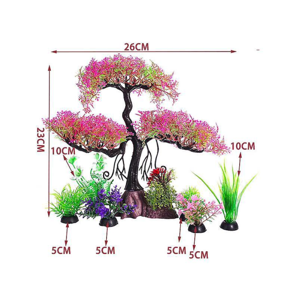 Mellemstor Hot Pink Goldfish Waterscape Træsæt med kunstige plastplanter til kæledyr Akvarium, 9.4