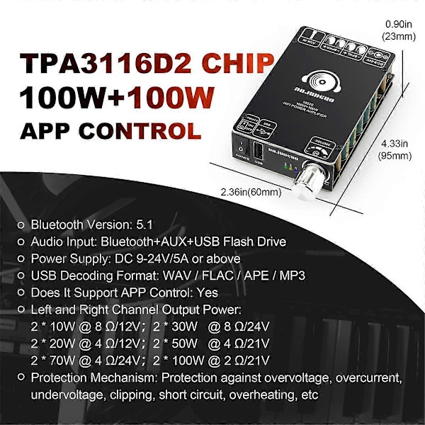 -1002S Bluetooth förstärkar kort 100W+100W 12-24V A