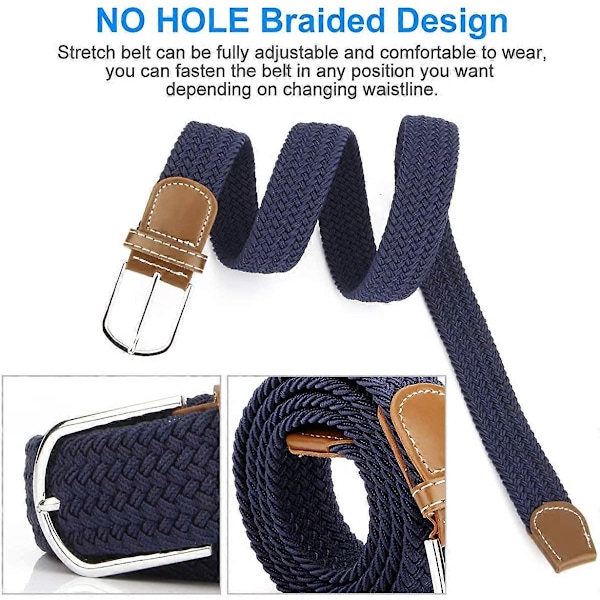 2-pack vävda stretchbälten för dam, blå + svart elastiskt bälte för herr för jeans och byxor