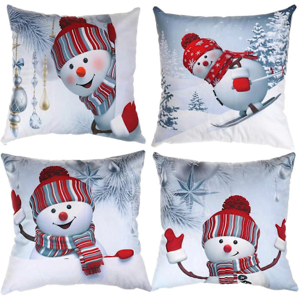Sæt med 4 Hvide Jule Pudebetræk Vinter Puder til Hjemmekontor Soveværelse Sofa 45x45 cm