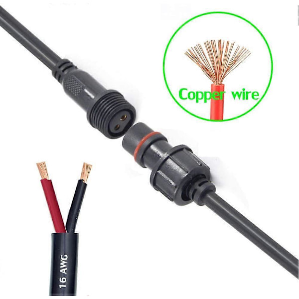 Vedenpitävät liittimet, uros-naarasliitin LED-pistoke, vedenpitävät IP68-liittimet, 2-nastainen, 2-johtiminen 16AWG 20CM jatkojohdolla LED-nauhavaloille.