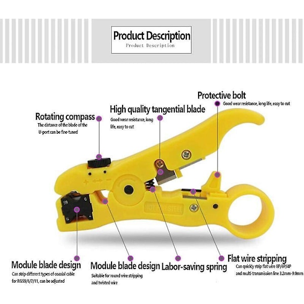 Universal Kabelstripper, 1 stk. afisoleringsværktøj, Koaksial-RG 59/6/7/11 Cat5/6 UTP-koaksialkabel-afisoleringsstang, til 125