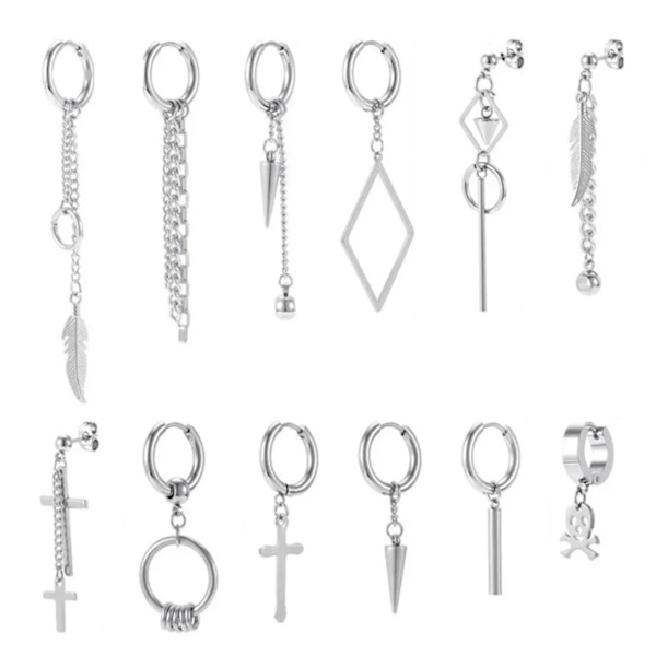 12ST Metall Tofsörhängen Rostfritt stål Dekorativa Dangle Örhängen Earwear Set Sliver