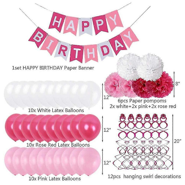 Vaaleanpunainen koriste Happy Birthday -viirinauha Tähtikuvioiset pyörteet Silkkipaperipompomit Juhlat Perhe Kotibileet Koristeet Juhlatarvikkeet