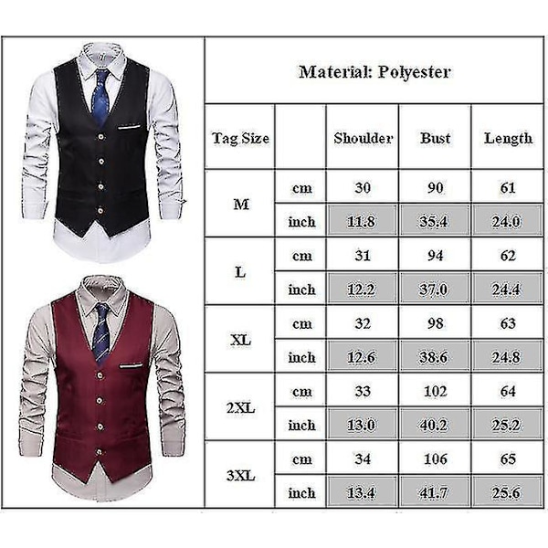 Enfärgad V-ringad väst för män till bröllop och affärsfest 3XL vinröd