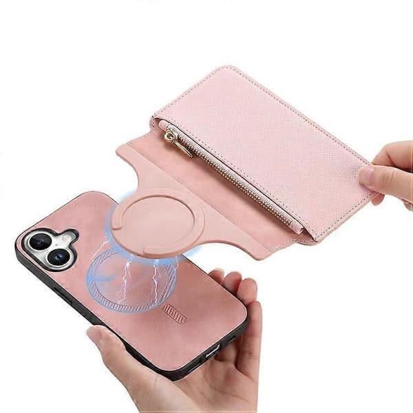 CASENEO Compatible with iPhone 16 Cross-Grain Leather Case Detachable Magnetic Phone Case Pink