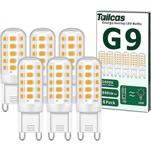 G9 LED-lampa, 5W Varmvitt Ljus, 220-240V Flimmerfri Ej dimbar Energibesparande, 6-pack (15.5*51mm)