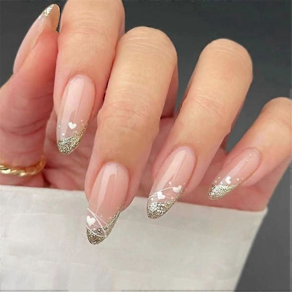 24 st/set Rosa Gradient Silver Balett Lösnaglar med Diamanter Medium Storlek för Flickor Fransk Stil Mode Party Falska Naglar NAILS-W427