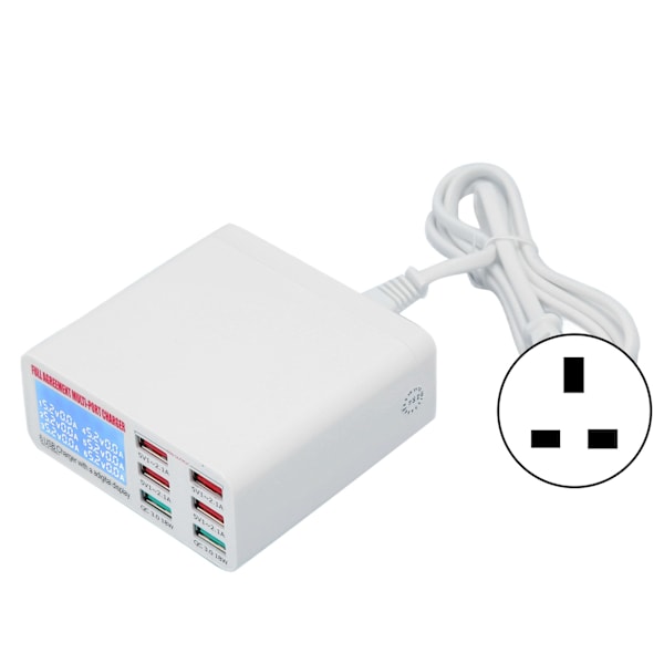 QC3.0 Multi USB Vægoplader 6 Muti Port USB Adapter Strømstik Hurtigopladningsblok Cube med LED-display 100‑240VUK Stik