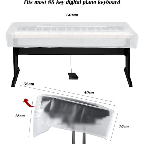 Vattentätt transparent dammskydd för 88-tangenters tangentbord och digitalpianon