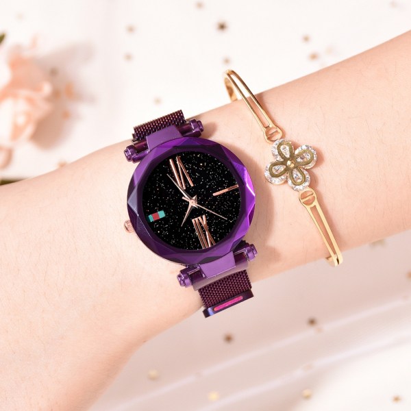 Modelegering Mesh Bältesrem Quartz Watch Starry Sky Urtavla Mönster Watch (lila)