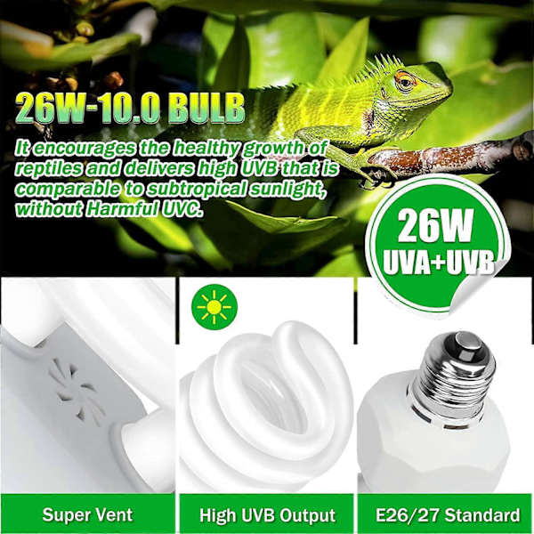 UVA UVB 10.0 Reptilpære, 26W Dobbeltvirkende UV-lyspære, Kompakt Fluorescerende Lampe, Egnet til Ørkenreptiler