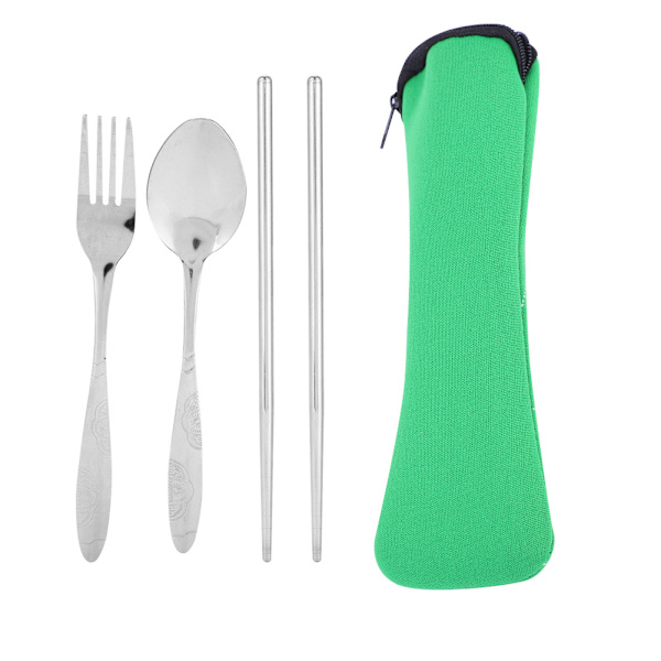 Bärbar sked i rostfritt stål ätpinnar med förvaringsväska Camping set(grön)