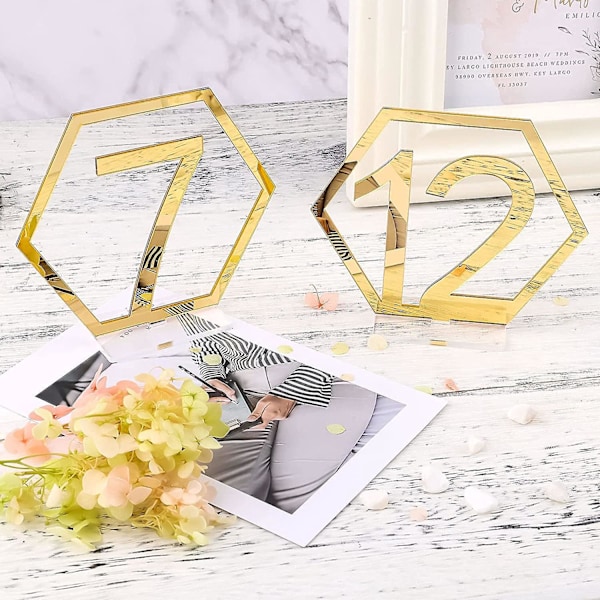 20 Stycken 1-20 Bröllop Restaurang Bordsnummer Akrylutskärningar med Hexagonhållare Centerpieces för Mottagningsdekorationer