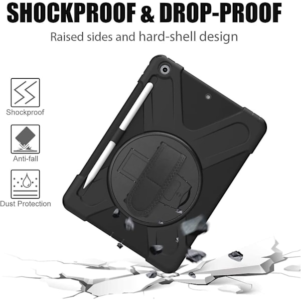 Stødsikker robust cover til iPad 10.2\" - Sort, 9./8./7. generation, med penneholder, drejeligt stativ, skulderrem, håndrem
