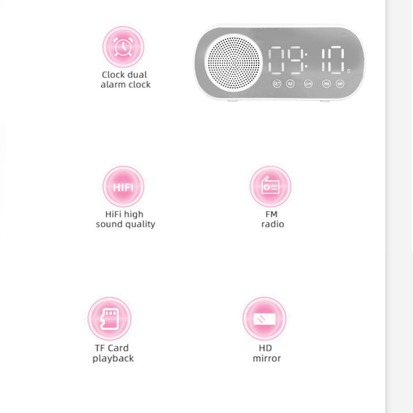 Digitaalinen herätyskello HIFI FM-radio ladattava Bluetooth 5.0 kaiutinpeilikello lukumatkalle