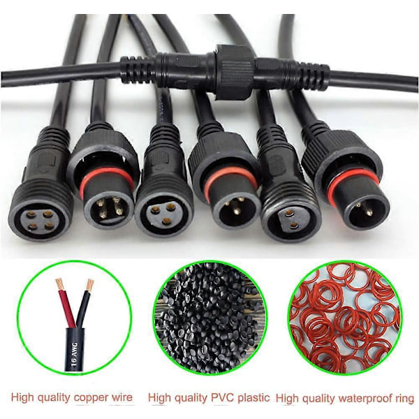 Vedenpitävät liittimet, uros-naarasliitin LED-pistoke, vedenpitävät IP68-liittimet, 2-nastainen, 2-johtiminen 16AWG 20CM jatkojohdolla LED-nauhavaloille.