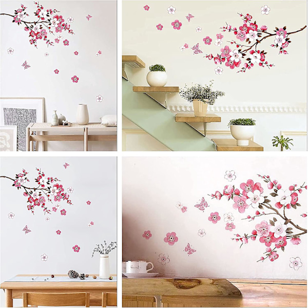 Rød rose sommerfugl veggklistremerke - Sakura vintre blomstergren design - Selvklebende - 120x50 cm - Ideell for stue, soverom, kjøkkenfliser