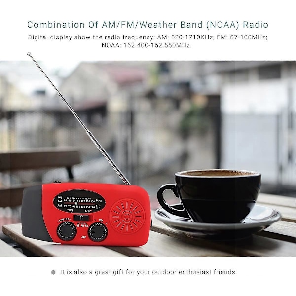 Bærbar solcelle radio, Håndsveiv selvforsynt AM/FM/NOAA radio, Dynamo værradio nødapparat med 3-LED lommelykt og telefonlader for Hiki