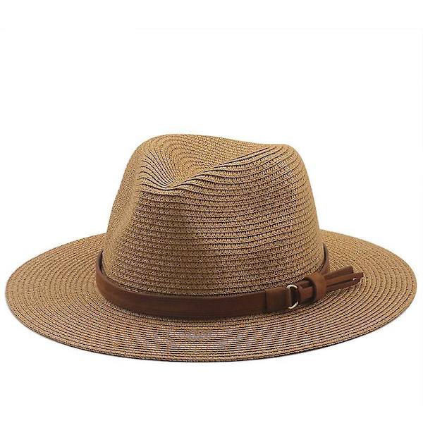 Brun strå panamalue for kvinner og menn - Solhatt med bred skygge for strandreiser og anti-UV-beskyttelse